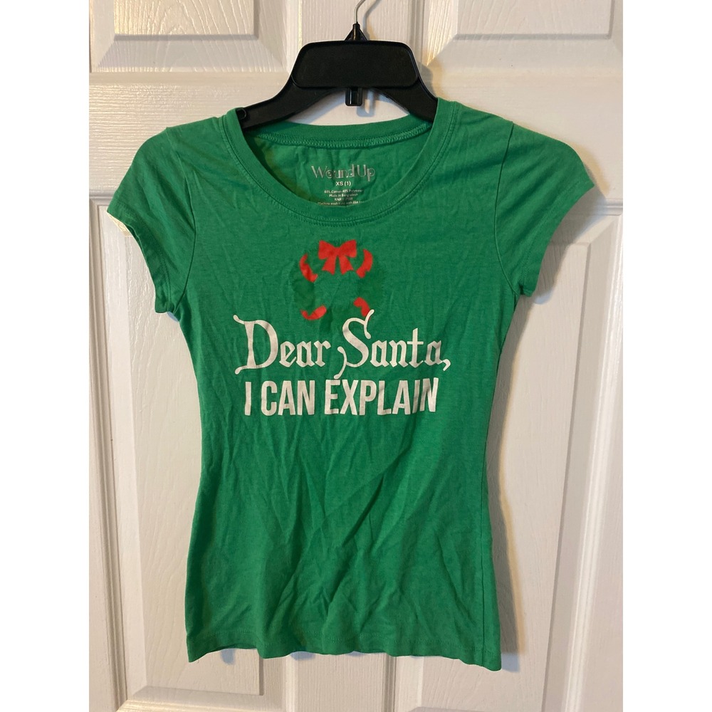 Wound Up Green Christmas Graphic Tee Dear Santa I Can Explain XS 1